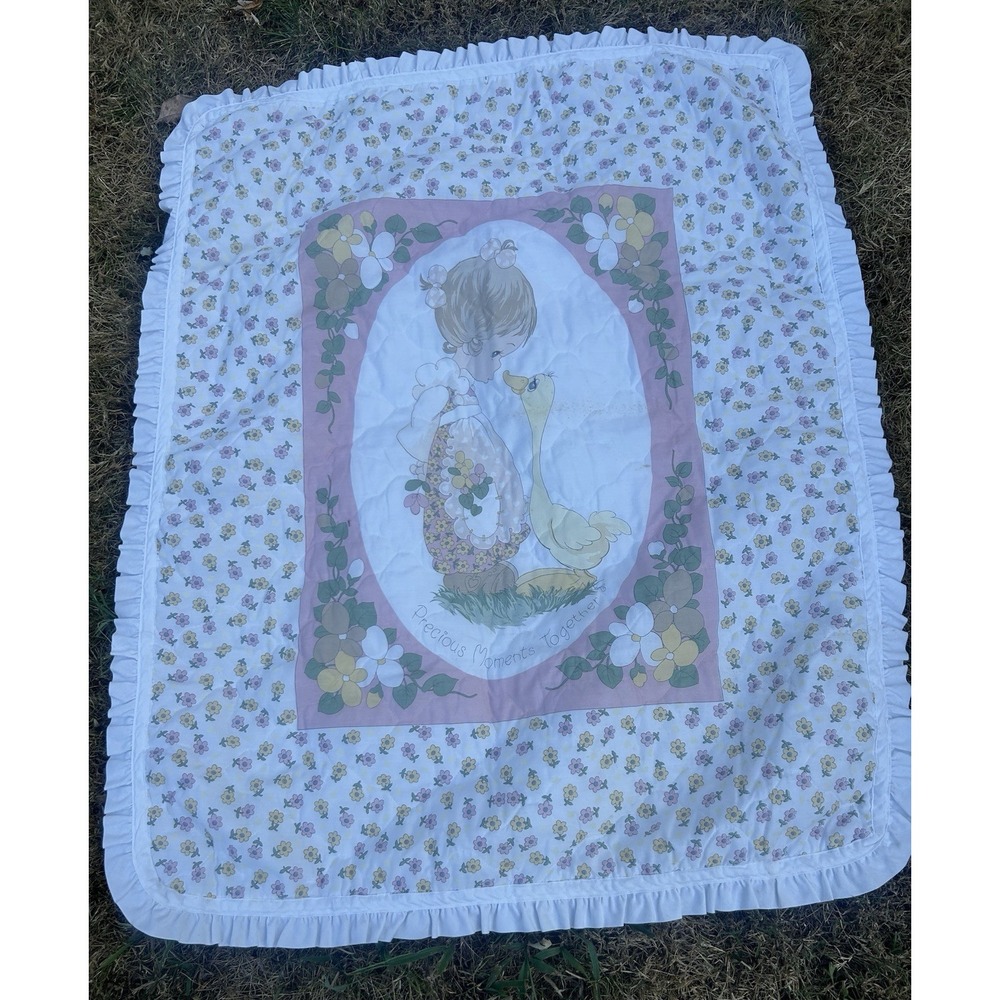 VTG Precious Moments Together Quilted Baby Blanket Pink Ruffle Floral Goose